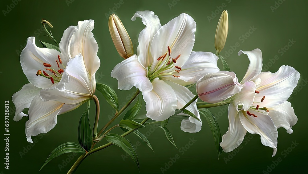 Fototapeta premium Delicate white lilies, meticulously detailed and exquisitely colored, are showcased against a verdant backdrop, evoking a sense of serenity and floral elegance.