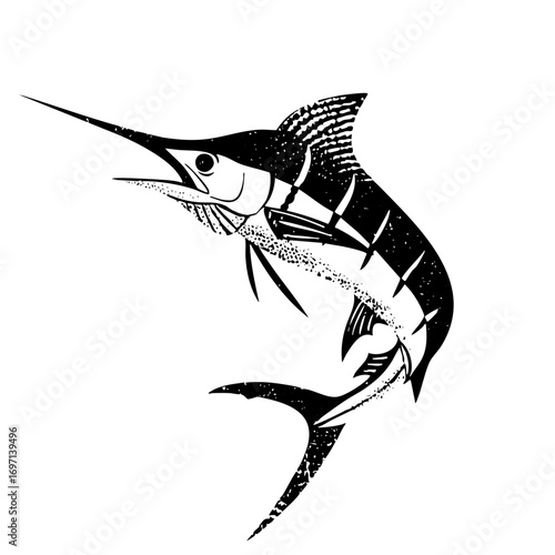 Vector Striking black and white of a leaping marlin.