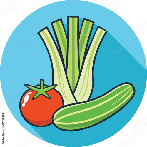 A collection of fresh vegetables including celery, tomato, and cucumber in a circle. A flat design vector icon for healthy eating and nutrition. Generative AI