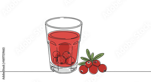 Glass of red cranberry juice with fresh cranberries on white background  