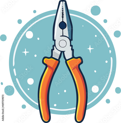 A pair of pliers in a circle with sparkles. A flat design vector icon or logo for a handyman, repair service, or construction business. Generative AI