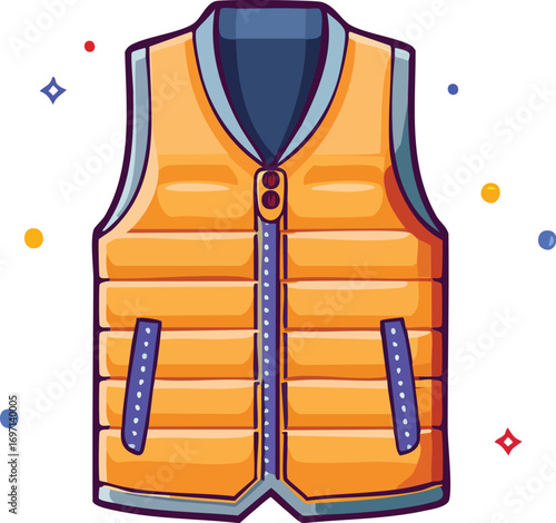 An orange and blue utility or work vest with multiple pockets. An isolated vector illustration of functional apparel for construction or outdoor activities. Generative AI