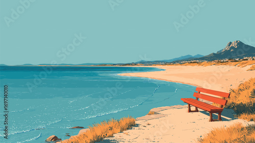 Scenic coastal viewpoint with red bench overlooking turquoise sea and distant mountains