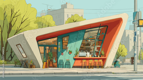 Dynamic modern coffee shop with angular architecture and large glass windows on a sunny urban street for branding and marketing.

