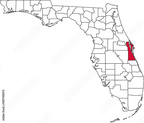 A vector map of Florida highlighting Brevard County. Ideal for geographical studies, regional reports, and data visualization projects.

