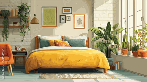 Cozy sunlit bedroom with mustard yellow bedding, indoor plants, and wooden accents for warm interior design and lifestyle marketing.


