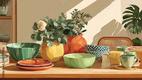 Vibrant ceramic tableware with mixed colors and textures styled on wooden surface