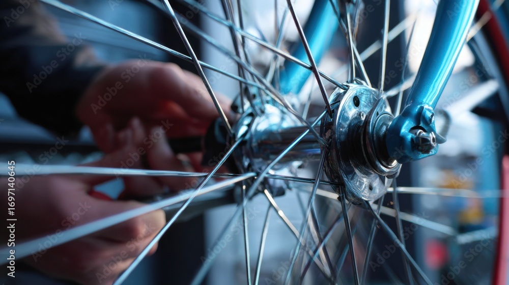 Fototapeta premium Young mechanic tightens spokes on a bicycle wheel maintaining balance and preventing wobble with specialized truing tools.