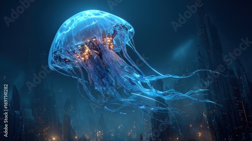 Glowing jellyfish floating above a futuristic cityscape in a deep blue sea