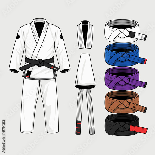 Vector illustration of Jiu-Jitsu Gi and Belts, a visual guide for martial arts enthusiasts, displaying the progression of ranks