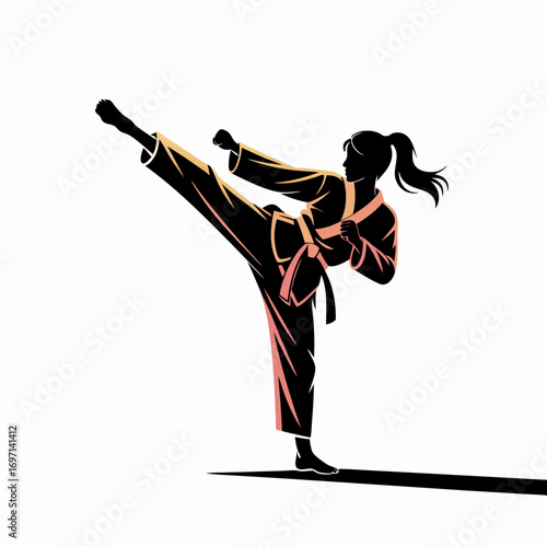 Silhouette vector of a powerful woman in a jiu jitsu uniform performing a high side kick, representing martial arts training