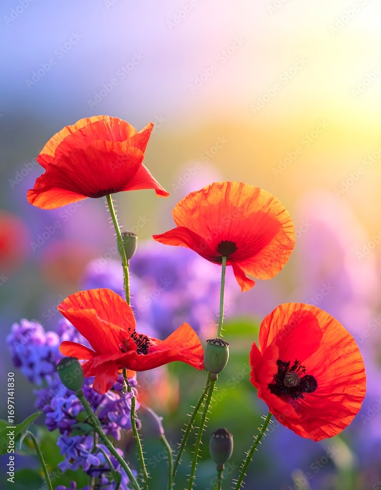 Obraz premium Vibrant poppies in a field of lilacs at sunset