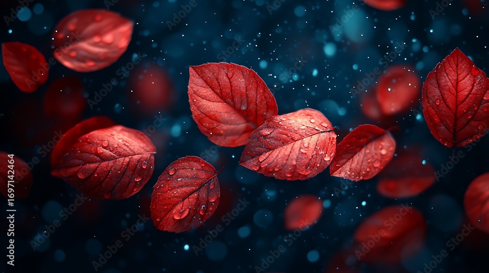 Fototapeta premium Floating Crimson Leaves with Raindrops on a Dark Blue Background with Abstract Nature.