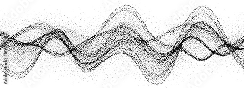 Abstract stipple wave flow in light grain texture and digital spray. Gradation of particles in monochrome background. Vector.