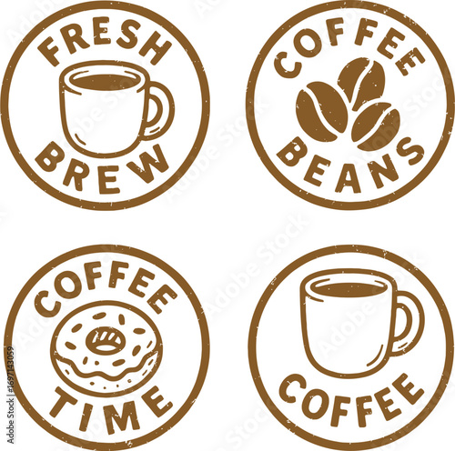 Vector art of coffee themed circular badges with coffee, beans, and donut