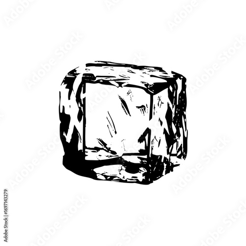 Vector Black and white sketch of a cubic ice block.