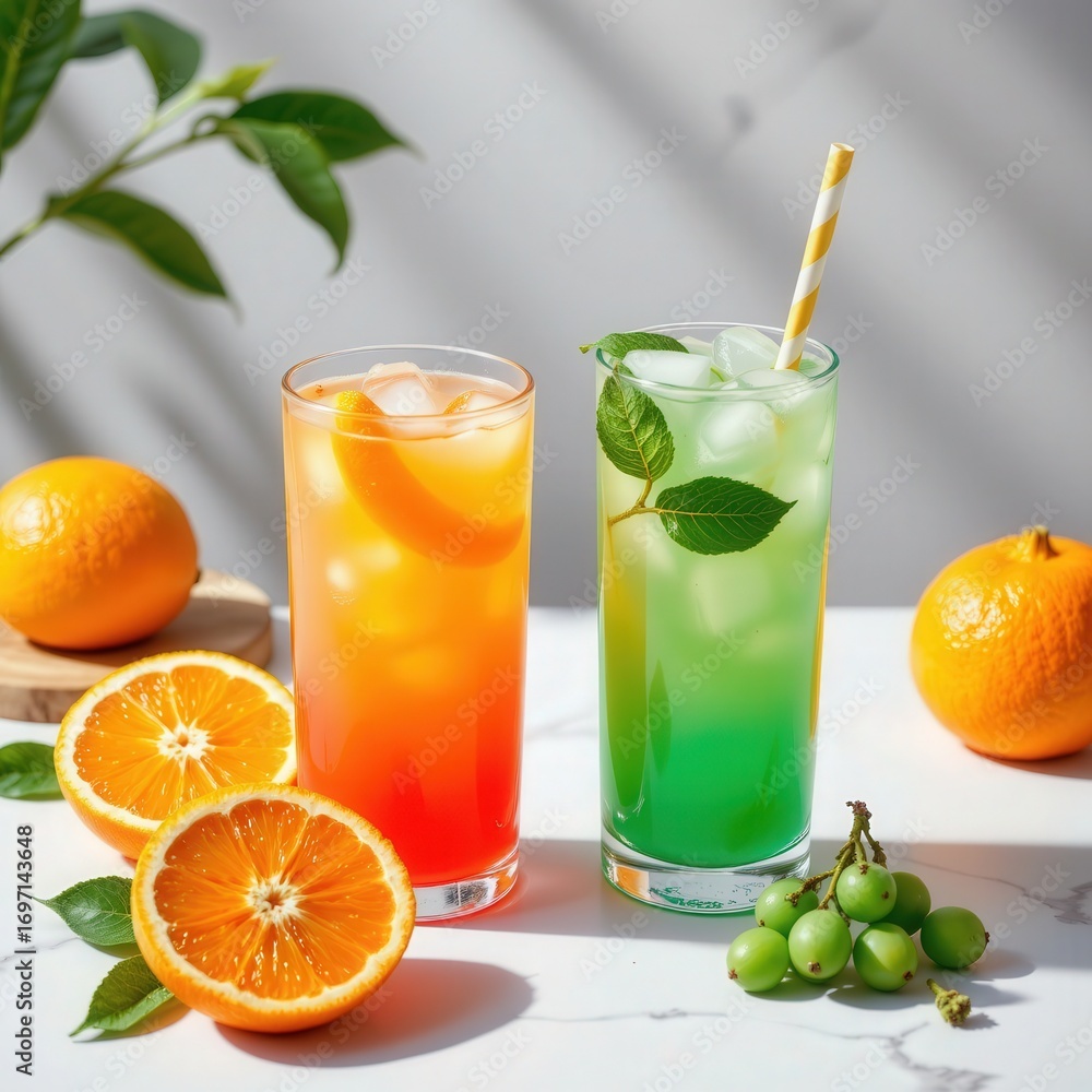 Fototapeta premium Refreshing Colorful Drinks with Fruit Garnish in Bright Setting