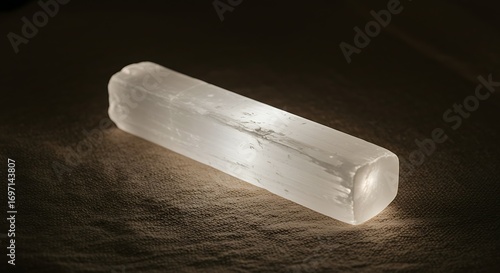 Selenite wand with soft glow, placed on neutral linen fabric