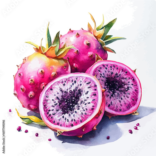 Dragon Fruit, watercolor illustration vector, isolated on a white background.