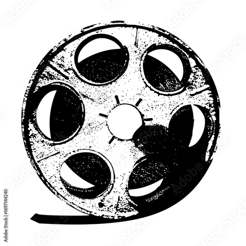 Vector Distressed film reel with central hub and winding film.