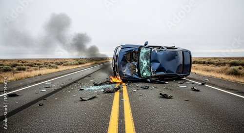 A damaged blue car crashed on the road after a head-on and side collision. Horrible accident: the car was smashed to pieces and flipped over. Photos of the accident and the insurance claim.