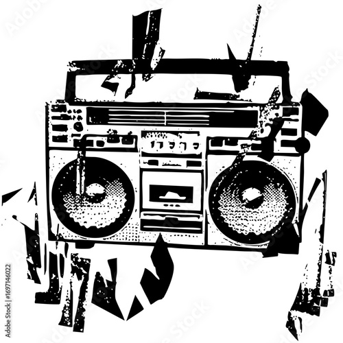 Vector Vintage boombox with dynamic sound waves.