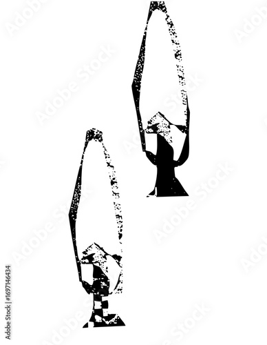 Vector Two figures manipulate curved ribbons in a stylized .