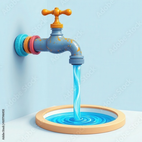 Colorful Faucet with Blue Water Flowing into Round Basin