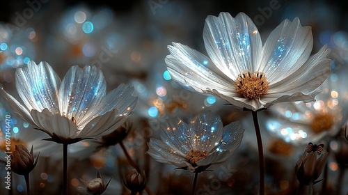 Field of white flowers with sparkling light effects and blurred background.