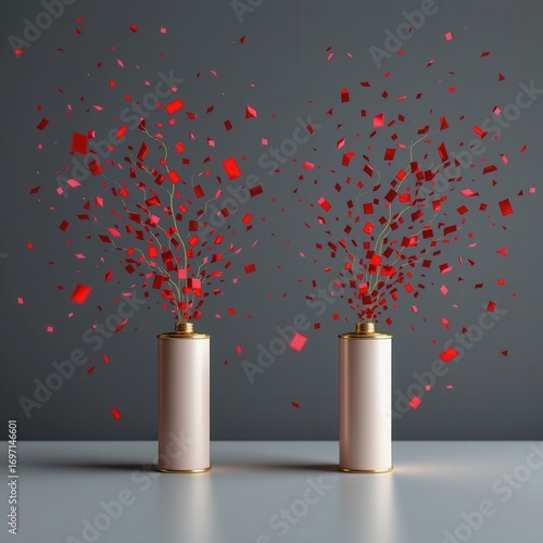 Elegant Display of Red Confetti and Decorative Vases on Gray Background