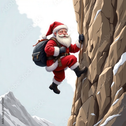 Santa Claus Climbing a Rock Wall with Backpack and Holiday Spirit