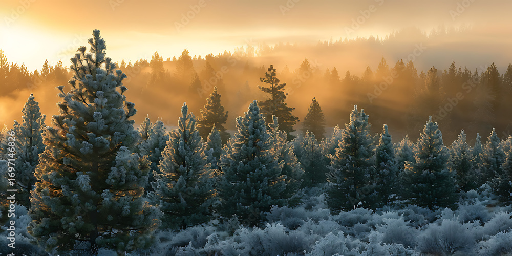 Obraz premium Winter Sunrise in Pine Forest