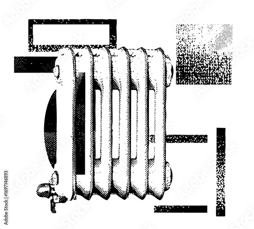 Vector Vintage radiator with valve and pipe connections.