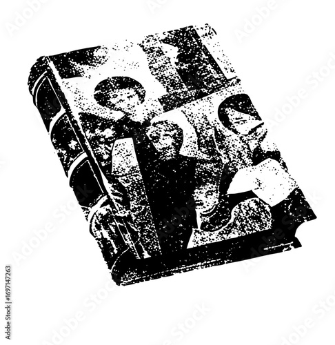 Vector Vintage book depicts three figures in a classic scene.