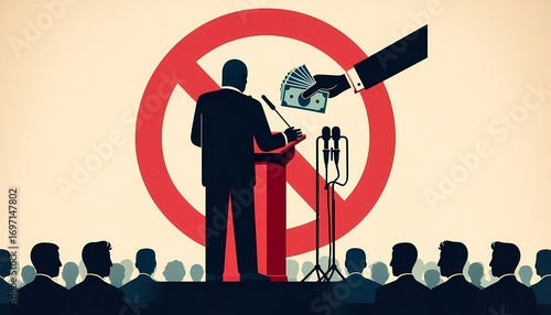 Illustration depicting the prohibition of bribery in politics and corruption at political speech