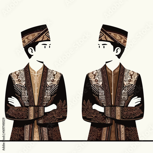 Javanese man wearing blangkon and beskap with a simple and minimalist flat design using a white background