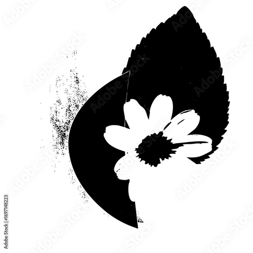 Vector Floral silhouette features a daisy nestled within a leaf shape.
