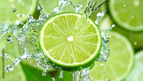 Fresh lime slices with splashing water