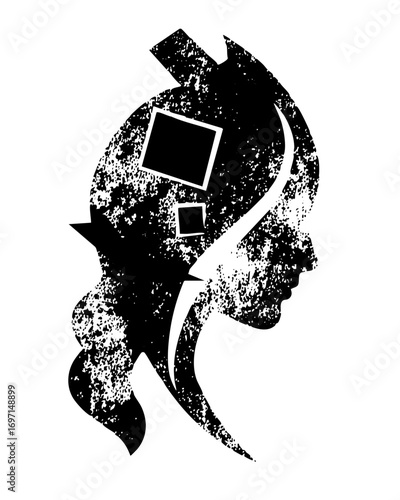 Vector Abstract female profile with dissolving digital elements.