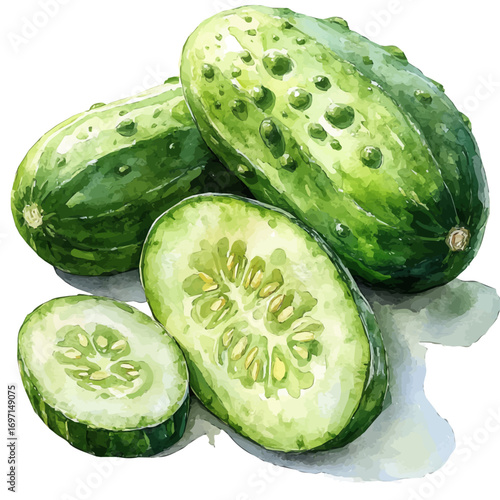 Cucumber, watercolor illustration vector, isolated on a white background.