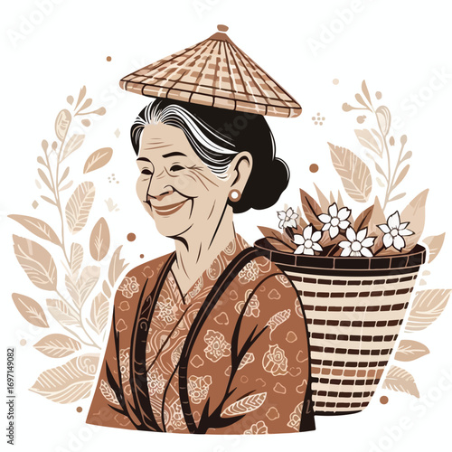 Javanese grandmother carrying a basket on her head with a simple and minimalist flat design using a white background