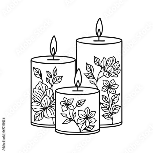 Candles with Floral Designs for Decoration Line Art Vector