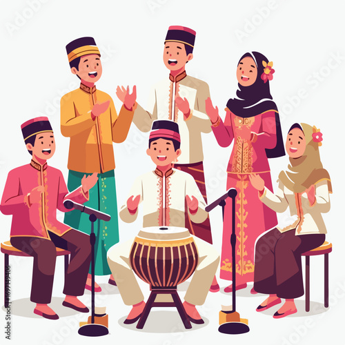 Javanese singer and gamelan musicians with a simple and minimalist flat design using a white background