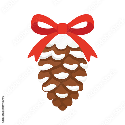 Festive pinecone with red bow and snow decoration