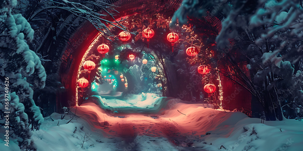 Fototapeta premium Enchanted Snowy Lantern Path