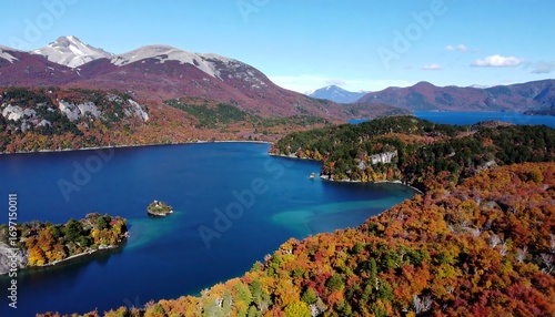 Scenic Patagonia Lake District Landscape with Autumnal Foliage Colors
