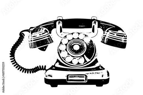 Vector Vintage rotary telephone in black and white.