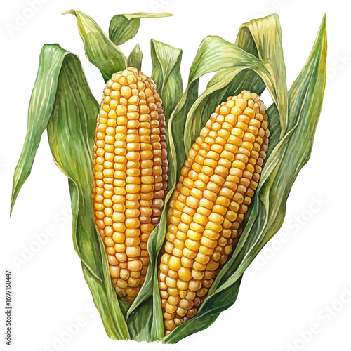 Corn, watercolor clipart vector, isolated on a white background.