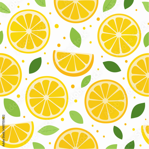 Bright Yellow Lemon Slices and Green Leaves Pattern on White Background