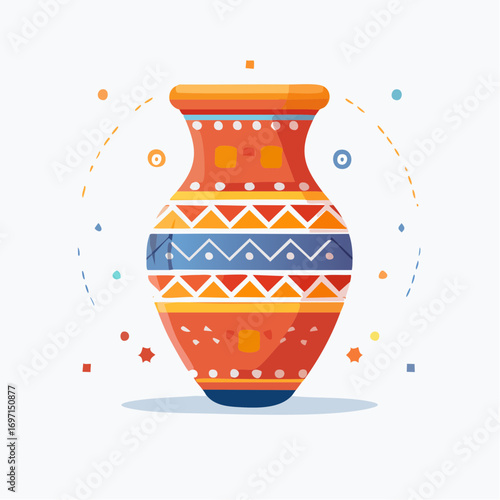 Decorative Terracotta Vase with Geometric Patterns on White Background